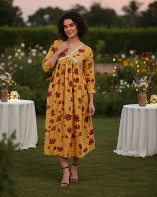 maaesa Women Fit and Flare Yellow Midi/Calf Length Dress
