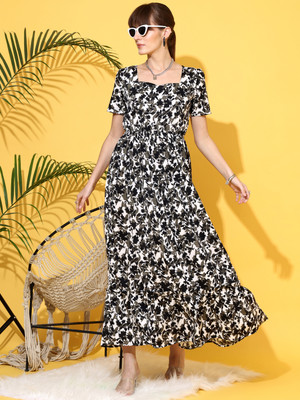 Seek By Sheetal Women Fit and Flare White, Grey Maxi/Full Length Dress