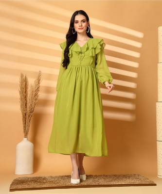 AAYU Women Fit and Flare Light Green Midi/Calf Length Dress