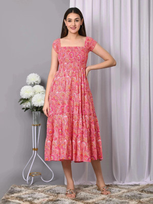 IQRAAR Women Fit and Flare Multicolor, Pink, Brown Midi/Calf Length Dress