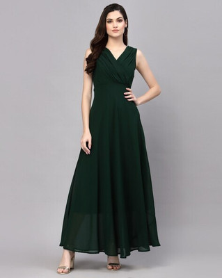 lexrex Women Fit and Flare Dark Green Maxi/Full Length Dress