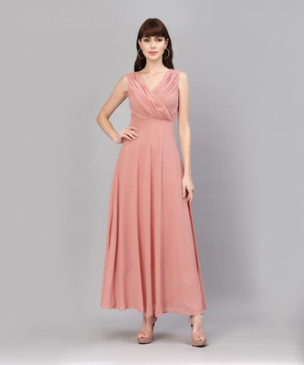 AAYU Women Fit and Flare Pink Maxi/Full Length Dress