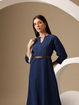 CHEMISTRY Women Fit and Flare Blue Midi/Calf Length Dress