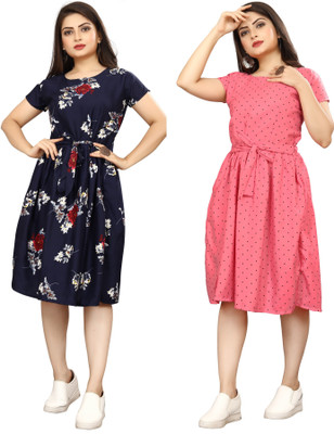 HouseOfCommon Women A-line Blue, Black Knee Length Dress