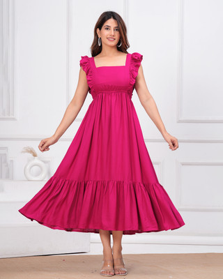 krishvi fashion Women Fit and Flare Pink Maxi/Full Length Dress
