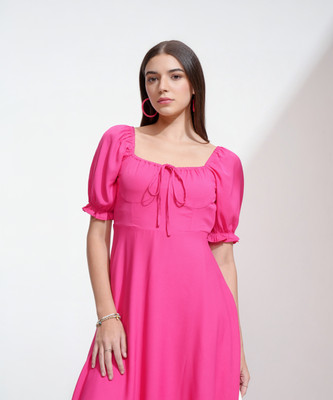 Tokyo Talkies Women Fit and Flare Pink Midi/Calf Length Dress