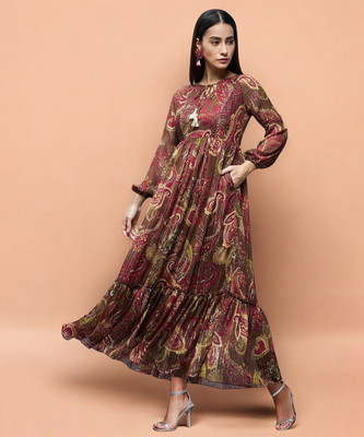 all about you Women Tiered Brown Maxi/Full Length Dress