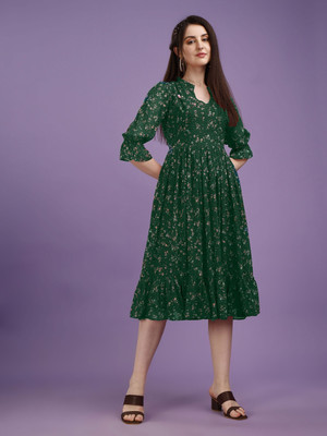 Herway Women Fit and Flare Green Midi/Calf Length Dress