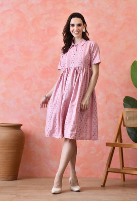 VCJ CREATION Women A-line Pink Knee Length Dress