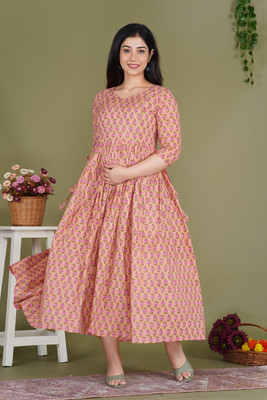 vijay garments Women Fit and Flare Orange Midi/Calf Length Dress