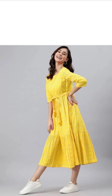 LUKI Women Fit and Flare Yellow Midi/Calf Length Dress