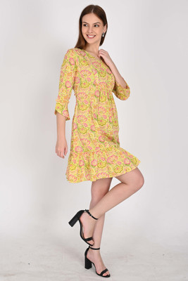Rajnandini Women A-line Yellow Above Knee/Mid Thigh Length Dress