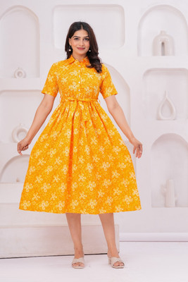 JCGARMENTS Women Fit and Flare Yellow Knee Length Dress