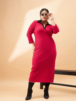 SASSAFRAS Curve Women Bodycon Red Midi/Calf Length Dress