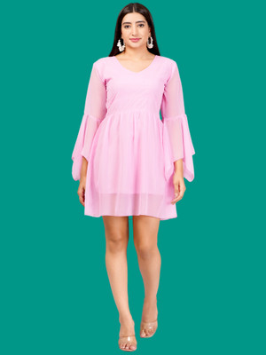 JC4U Women Gathered Pink Above Knee/Mid Thigh Length Dress