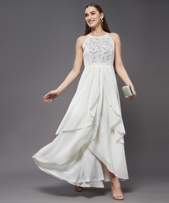 Miss Chase Women Fit and Flare White Maxi/Full Length Dress