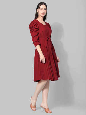 HOUSE OFF COMMON Women Fit and Flare Maroon Knee Length Dress