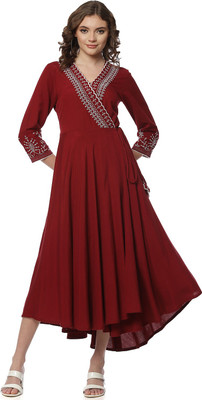 RANGRITI Women Fit and Flare Red Midi/Calf Length Dress