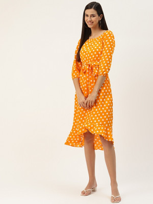 BRINNS Women Asymmetric Yellow Knee Length Dress