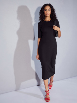 SASSAFRAS Women Bodycon Black Midi/Calf Length Dress