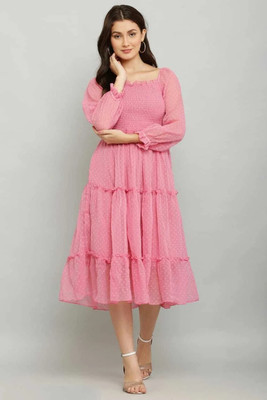 Subhash Collectiion Girls Calf Length Casual Dress(Pink, Full Sleeve)