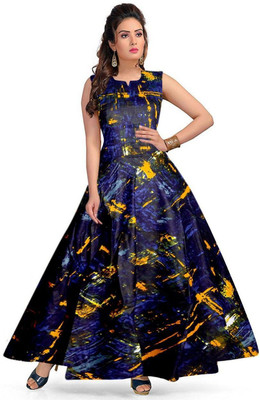 HouseOfCommon Women A-line Blue, Yellow Maxi/Full Length Dress