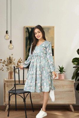 kilkilat Women Fit and Flare Light Green Maxi/Full Length Dress