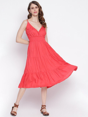 IQRAAR Women Fit and Flare Red Below Knee Dress
