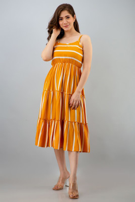 SHANGUL Women Tiered Yellow Midi/Calf Length Dress