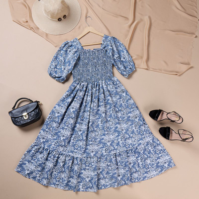 ZWERLON Women A-line Blue Midi/Calf Length Dress