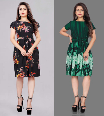 Hiral Creation Women Fit and Flare Green Knee Length Dress