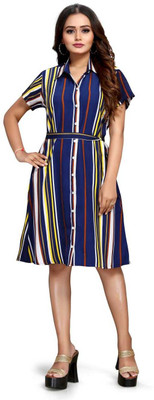 the fashion creation Women A-line Blue Knee Length Dress