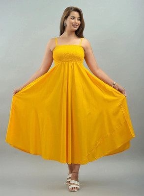 IQRAAR Women Fit and Flare Yellow Maxi/Full Length Dress