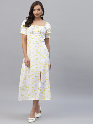 AAYU Women A-line Yellow, White Midi/Calf Length Dress