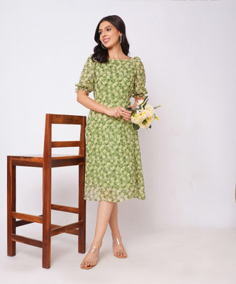Selvia Women A-line Green Knee Length Dress