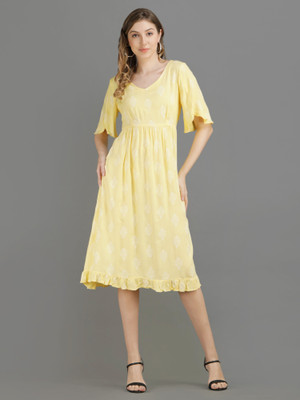 vechii Women A-line Yellow Midi/Calf Length Dress