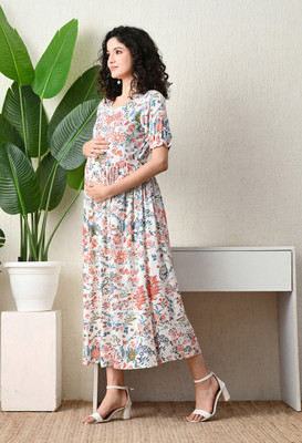 ichaa Women Fit and Flare White, Red, Blue Midi/Calf Length Dress