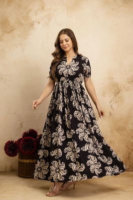 Dk Fab Women Fit and Flare Black, Beige Ankle Length Dress