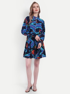 theulluu.com Women Fit and Flare Blue Above Knee/Mid Thigh Length Dress