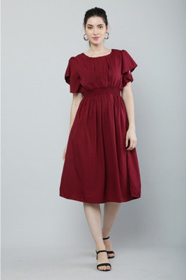 BuyUniqueFashion Women Fit and Flare Maroon Midi/Calf Length Dress