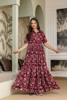 METRONAUT Women A-line Maroon Maxi/Full Length Dress