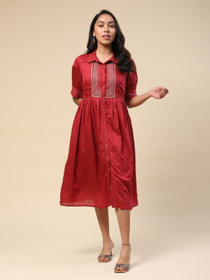 aarke Ritu Kumar Women Fit and Flare Maroon Midi/Calf Length Dress