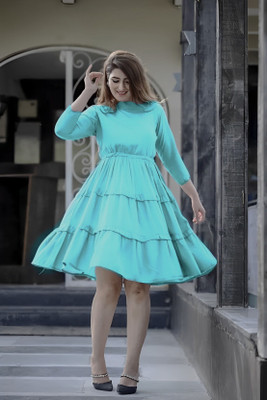 GPNTI Women Fit and Flare Light Blue Midi/Calf Length Dress