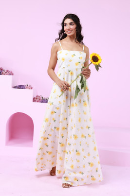 Hussky Women A-line White Maxi/Full Length Dress