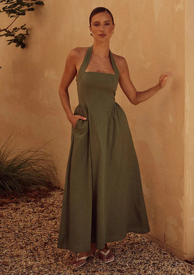 Amzilo Women Maxi Green Ankle Length Dress