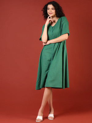 V-MART Women A-line Green Midi/Calf Length Dress
