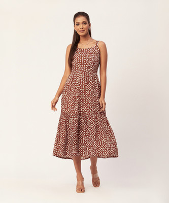 moomaya Women Tiered Brown Midi/Calf Length Dress