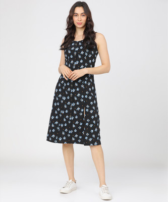 Tokyo Talkies Women Skater Blue, Black Below Knee Dress