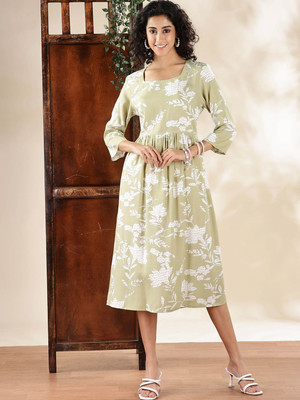 ANOUK Women Fit and Flare Green Midi/Calf Length Dress