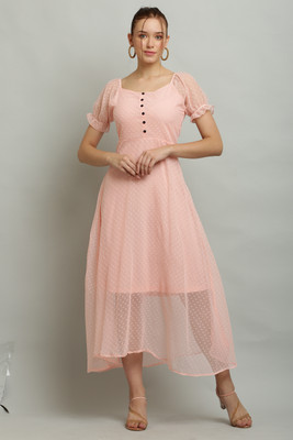 MYLOOKUP Women Fit and Flare Pink Midi/Calf Length Dress